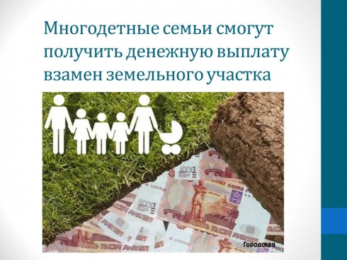 Многодетные семьи Камчатки взамен земельного участка в собственность могут получить денежную выплату Многодетные семьи Камчатки взамен земельного участка в собственность могут получить денежную выплату.